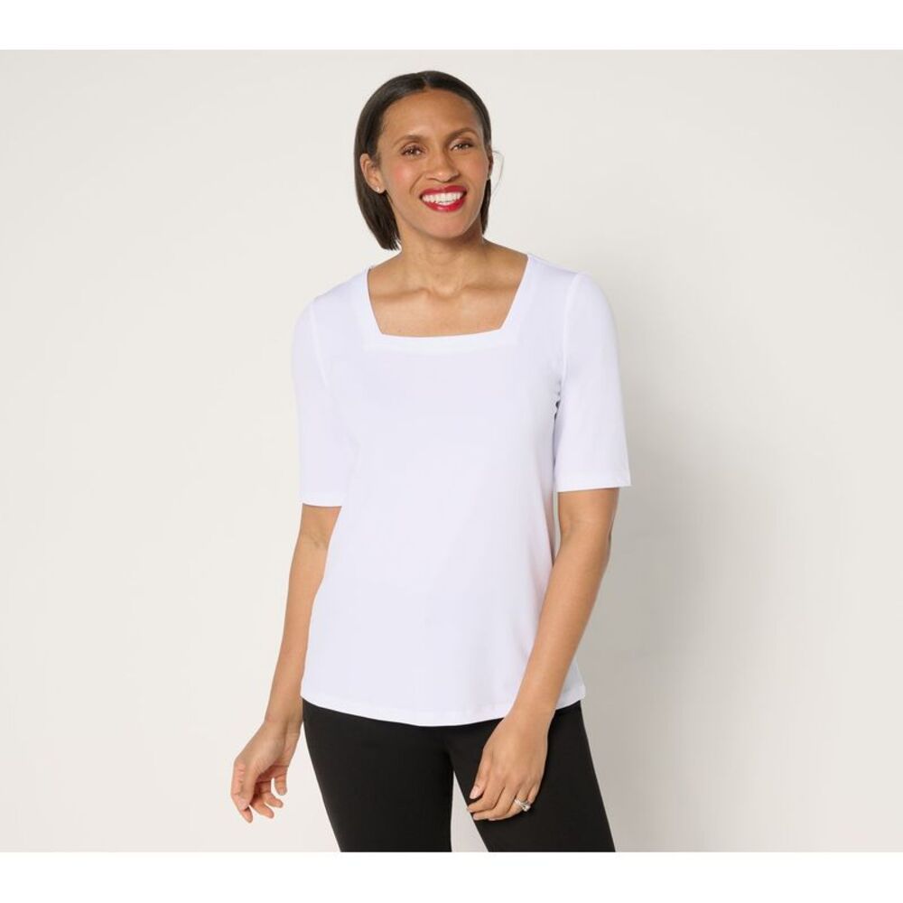 Susan Graver Women's Top Sz L Essentials Liquid Knit Square Neck White A682080